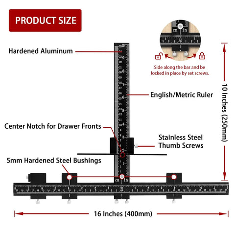 Seven Piece Cabinet Hardware Jig Tool Set With Pro Grade All Aluminum Alloy Build showing size dimensions and components.