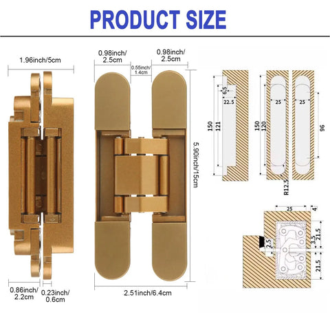 Hidden Door Hinges 6 Inch Heavy Duty Concealed Invisible 3 Way Adjustable 180 Degree Gold Two Pack With Screws Caps And Hex Wrench