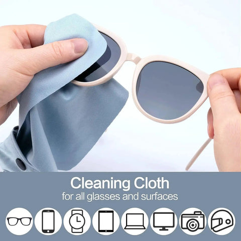 Person using 6 Pack Microfiber Cloths For Glasses Screens Jewelry And Phones Keychain Pouch to clean sunglasses