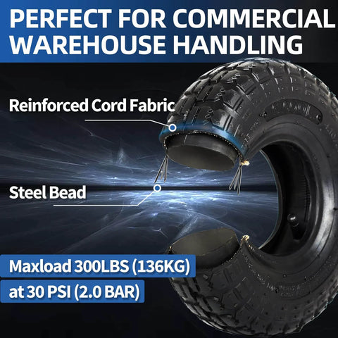 Heavy Duty 10 Inch Replacement Tire and Inner Tube Set 4.10/3.50-4 With TR-13 Straight Valve Stem, featuring reinforced cord fabric and steel bead for hand trucks and carts.