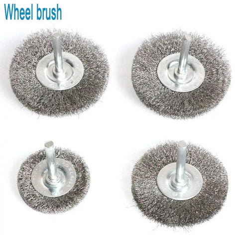 Various sizes of stainless steel wire wheel brushes with 1/4-inch shank for drills, part of the 7 Piece Boss Grade Kit.