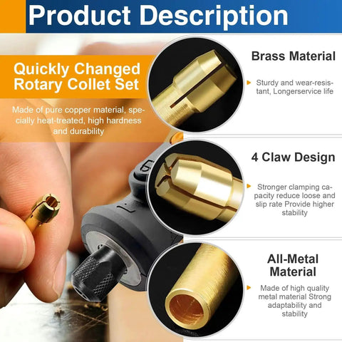 Brass Rotary Tool Collet Set With 1mm 1.6mm 2.4mm 3.2mm Sizes 2 Pack for precise clamping, showing brass material and claw design