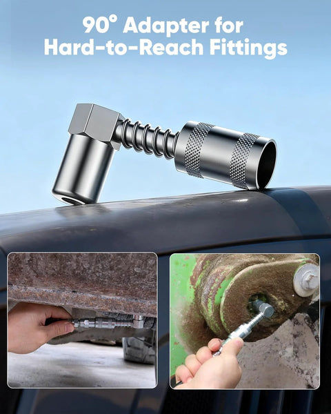 J-KU grease gun kit, front view, 14 oz manual pistol grip, heavy-duty steel, 8000 PSI
Grease gun installed under vehicle, side view, hand using nozzle to lubrication point
Grease gun nozzle close-up greasing a rusty tractor joint