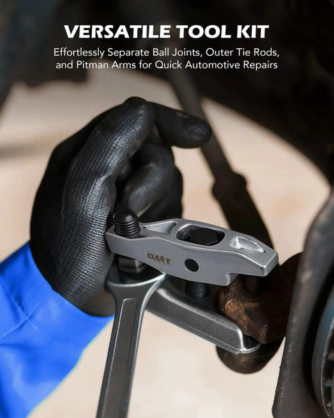 Mechanic using Ball Joint Separator And Pitman Arm Puller Set For Front End Service 3 Piece on car suspension