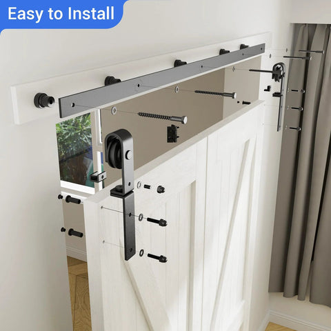 Bi-Folding Sliding Barn Door Hardware Kit For Two Doors with Black Track and J-Shape Rollers, Installed Above Doorway