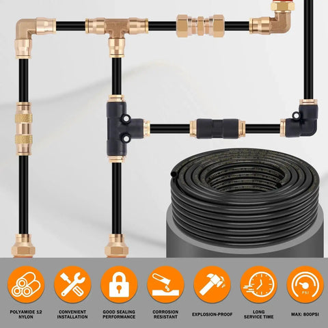 PA12 Nylon DOT Air Line One Half Inch OD Pneumatic Tubing, 100 Feet Long, coiled with brass fittings, SAE J844 compliant, high pressure