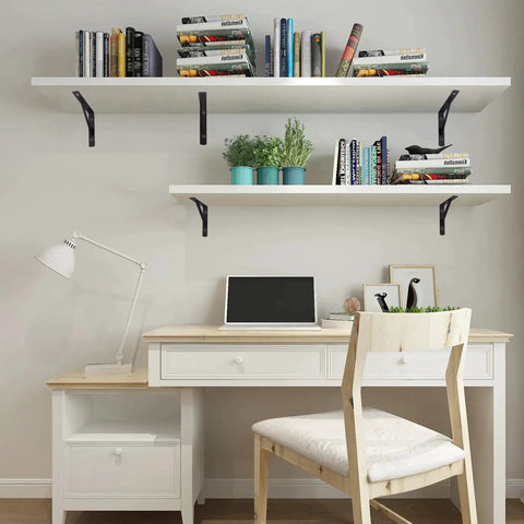 8 Piece L Shaped Metal Shelf Brackets For Wall Mounts supporting white floating shelves above a desk with books and plants