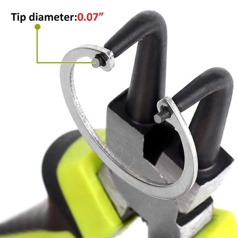 Close-up of a 4-Piece 7-Inch Snap Ring Pliers Kit Pro Grade Internal And External Circlip Pliers Set with a ring being removed.