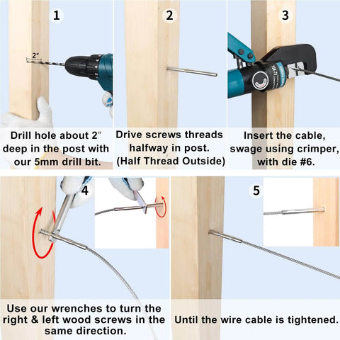 Step-by-step installation of Deck Cable Railing Kit with Right and Left Handed Swage Lag Screws for Wood Posts One Eighth Inch Stainless Steel T316 Marine Grade Rustproof DIY Baluster Rail Hardware Wrench Included.