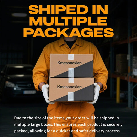 Person holding two stacked Kmsonoxian boxes labeled 'Shipped in Multiple Packages' in a warehouse setting.