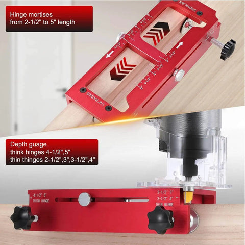 Adjustable Router Jig For Doors With Aluminum Hinge Mortising Template Kit And Precision Depth Gauge Fits 2.5 To 5 Inch Hinges For Interior And Exterior Installations By Mumusuki, close-up view showing depth gauge and aluminum construction.