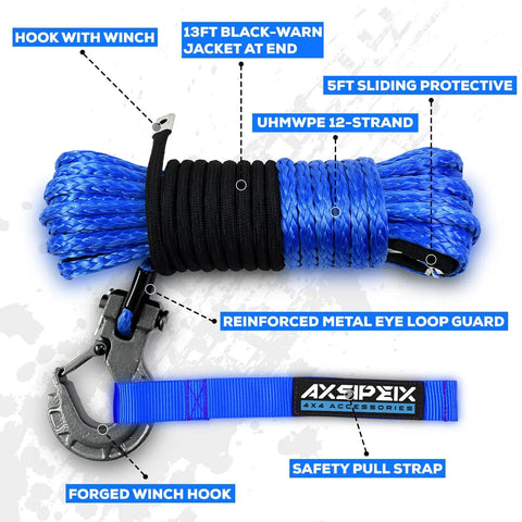 Blue Synthetic Winch Rope Kit 1 Quarter Inch By 50 Foot Off Road Ready With 10000 Lbs Capacity, includes hook and safety strap.