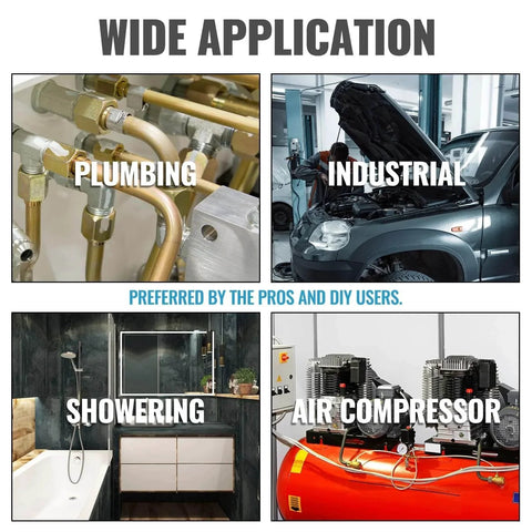 Collage showing plumbing connectors, car repair, shower, and air compressor use for Brass Pipe Fittings One Half Inch Male To One Half Inch Female NPT Adapters Pack Of Two Durable Solid Brass Extension Connectors For Shower Heads And Plumbing Hoses Corrosion Resistant Easy To Install Premium Quality
