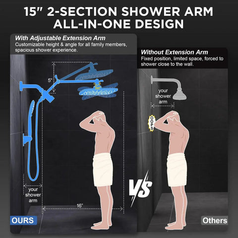 Diagram showing 11.8 Inch Rain Shower Head With Handheld And Detachable Dual Showerhead Chrome with adjustable arm vs fixed shower arm.