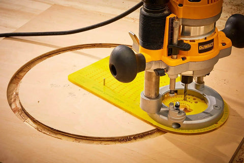 Pro Circle Cutting Router Jig, Polycarbonate Precision Tool for Woodworking in use for precise circle cuts on wood surface