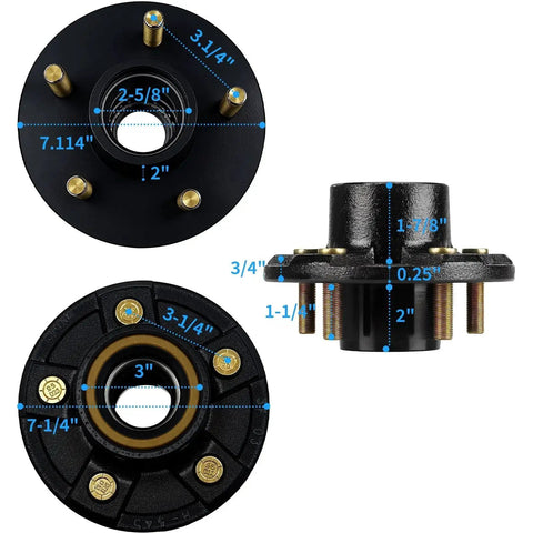 Heavy Duty 2000 Lbs Trailer Circle Hub Kit With 5 By 4.5 Inch Round Hub BT8 1 Inch Spindle Includes Spindle Nut Washer Cotter Pin Inner Outer Bearings And Seal Ready For Dual Axle Towing shown with dimensions