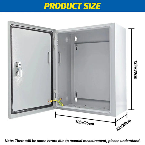 Heavy Duty Steel Electrical Box 16 X 12 X 8 Inches NEMA 4X Weatherproof Junction Enclosure open with lock and measurements shown