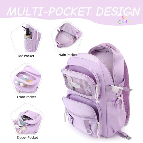 Purple girls rolling backpack for school, multiple compartments view, durable lightweight polyester, trolley bag, reinforced straps