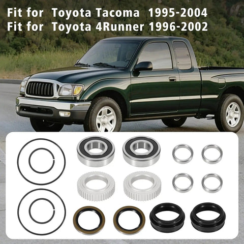 16 Piece Rear Axle Bearing And Seal Kit For Toyota Tacoma 1995 Through 2004 And 4Runner 1996 Through 2002 Replacement Part Numbers 90520 36045 42423 20010 90363 40020 Built To Last Beefed Up Heavy Duty Truck Axle Repair Kit displayed with truck in background