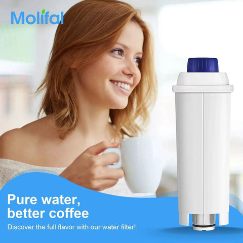 Molifal water filter cartridge with blue cap for De'Longhi coffee machines, shown beside a smiling woman with a mug