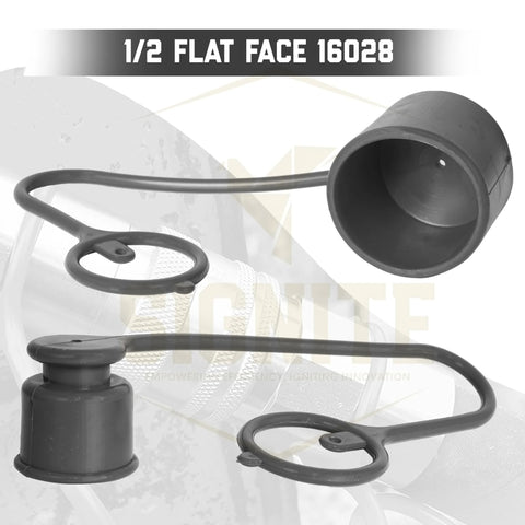 Two black ISO 16028 flat-face hydraulic dust caps and female plug covers for 1/2 in skid-steer couplers