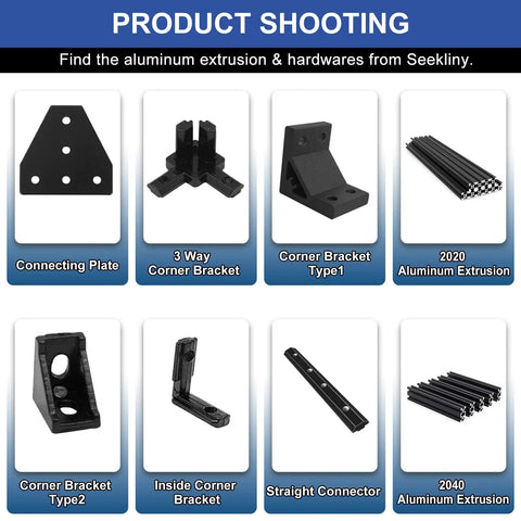 Various SeekLiny aluminum extrusion hardware, including 4040 corner brackets and connectors for 8020 systems, displayed on product board.