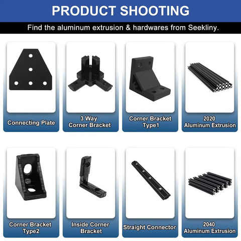 Various aluminum extrusion hardware including 10 Pack 2020 T Plate Corner Bracket for 8020 aluminum extrusion T slot.