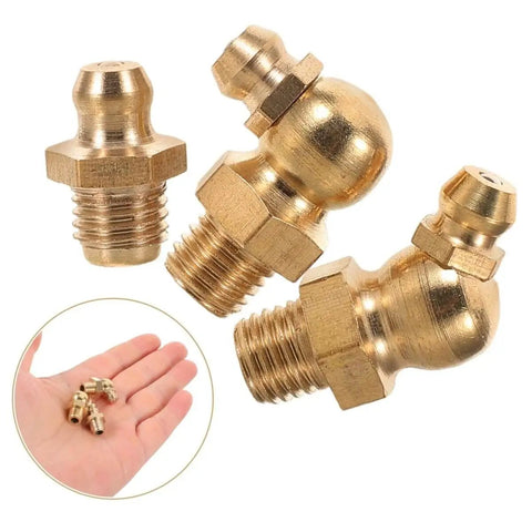 Copper Oil Nozzle Kit With 9 Pieces Straight And Angled Grease Fittings For Cars And Excavators, shown in hand for scale.