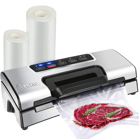 Pro Home Vacuum Sealer With Built In Cutter And Bag Storage Auto And Manual Modes Two Seal Settings Includes 11 By 16 And 8 By 16 Bag Rolls Compact Design Seals Up To 20 Feet Of Bags Great For Bulk Foods And Leftovers.