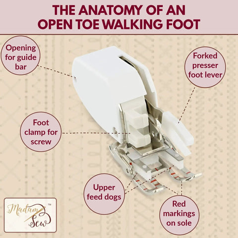 Madam Sew open-toe walking foot for quilting and multi-layer sewing; white plastic housing with metal foot.