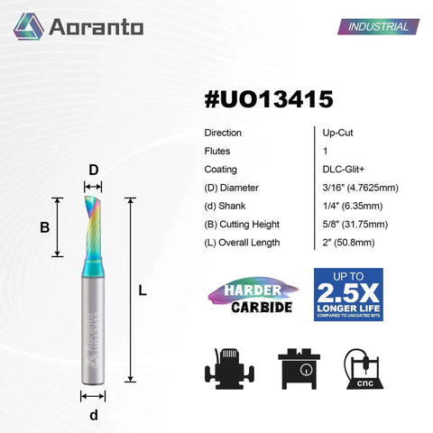 O Flute CNC Router Bit Three Sixteenths Diameter Solid Carbide Up Cut End Mill One Quarter Inch Shank Wood Plastic Acrylic Pro Grade Long Lasting DLC Glit Coating 5 Pack Industrial Quality Aoranto diagram showing dimensions and features.