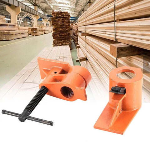 1 Inch Pipe Clamp Set With Cast Iron Jaws Vise Fixture for woodworking on home or shop benches, showing two orange clamps.