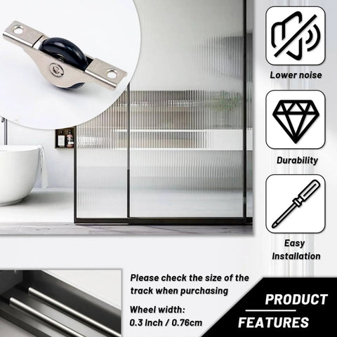 Eight Pack Sliding Door Pulleys For Cabinets And Furniture Dope Hardware Wheels For Windows Patio Doors And Glass Doors Smooth Roller Replacement 0.76 Cm Thick Ideal For Home Renovations And DIY Projects, showing installation view