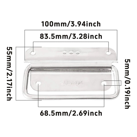 Beefy 4 Inch 304 Stainless Steel Ring Pull Handles 2 Pack showing dimensions and foldable ring for cabinets or boat hatches silver quality.