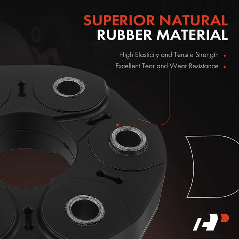A-Premium drive shaft flex joint coupling with bolts, black metal housing and silver bearing rings, close-up