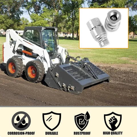 RANSOTO 2-pack 1/2 in NPT flat-face hydraulic quick-connect couplers with red caps; front view with skid-steer loader.