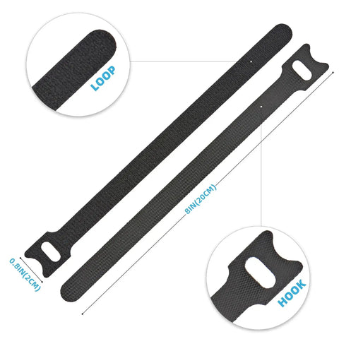 Self Fastening Reusable Cable Ties With Hook And Loop 8 Inch Adjustable Cable Management Straps, black color, close-up view
