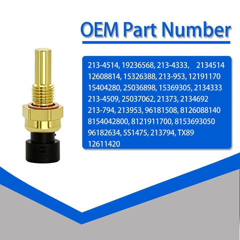 Engine Coolant Temperature Sensor Direct Fit Replacement Fits Chevy Avalanche Impala Trailblazer Suburban 1500 2500 HD Express Silverado GMC Envoy Sierra Yukon Savana Saturn 213 4514 213 4333 Durable Reliable Easy Install with OEM part numbers displayed