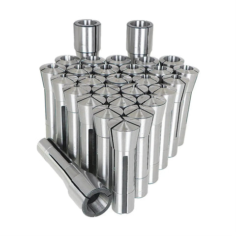 29 Piece R8 Steel Spring Collet Set for CNC Milling Chuck and Lathe Tool Holder, arranged in a pyramid, showing smooth steel finish.