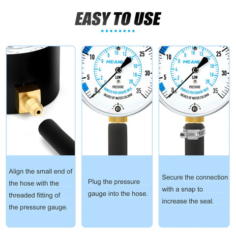 MEANLIN gas pressure test kit 0–35 in WC with 40in hose; diagram shows hose alignment, gauge connection, clamp.