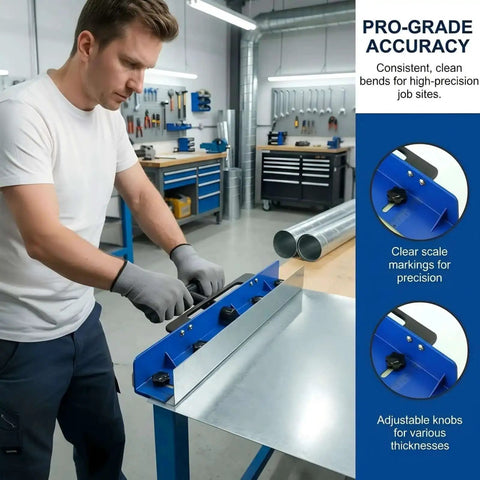 Man using Go-To Heavy Duty Sheet Metal Bender Hand Tool For Roofing And HVAC, 15.25 Inch Metal Bending Tool with Built In Ruler