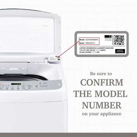 White GE washing machine with control panel; close-up of model/serial label on the side.