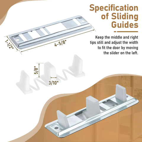 Four Pack Sliding Closet Door Floor Guides For Centering Panels On Tracks And Providing Side Support, Compatible With N 6560, Adjustable Floor Mount Bypass Track Fits Doors From Three Quarters To One And Three Eighths Inches, Stamped Steel Sliding Track, showing size and parts