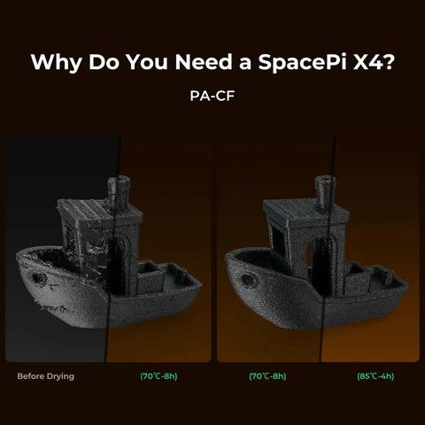 Comparison of 3D printed boat models before and after drying with X4 Filament Dryer Box For 3D Printers With Dual Independent Heating Chambers 200W