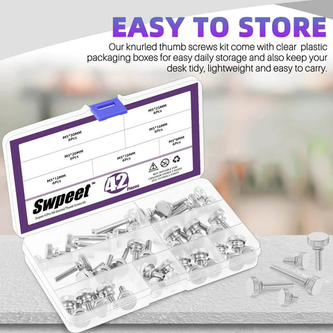 Nickel Plated Knurled Thumb Screws Set 42 Piece M5 shown in plastic storage box on table, with screws in compartments
