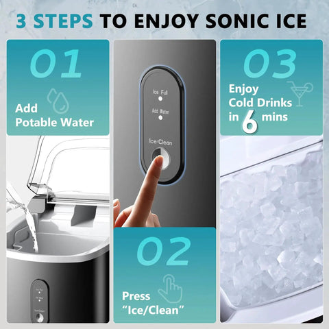 Nugget Ice Maker Countertop With Auto Clean, 34 Lbs Per Day, 6 Min Ready; showing steps to make ice: add water, press ice/clean button.