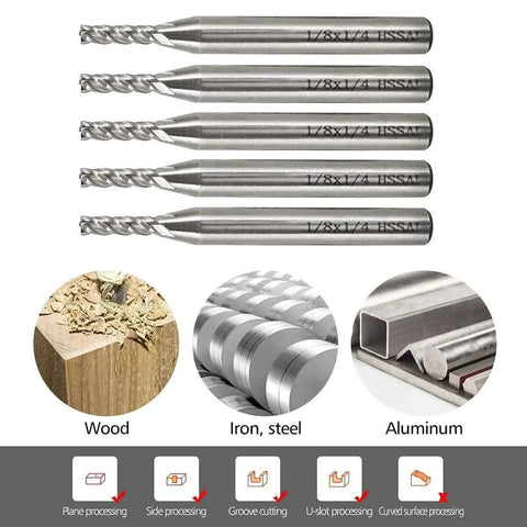 One Eighth Inch Four Flute Straight End Mill Set For CNC Machines With One Quarter Inch Shank Dope Tool Kit For Wood Nylon Aluminum Steel Milling