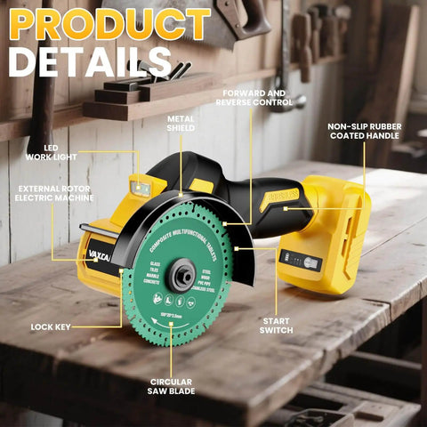 Side view of Cordless Cut Off Tool For 20V Max Batteries, 18,000 RPM Brushless Powerhouse With 4 Inch Blades, Dust Cover, on workbench