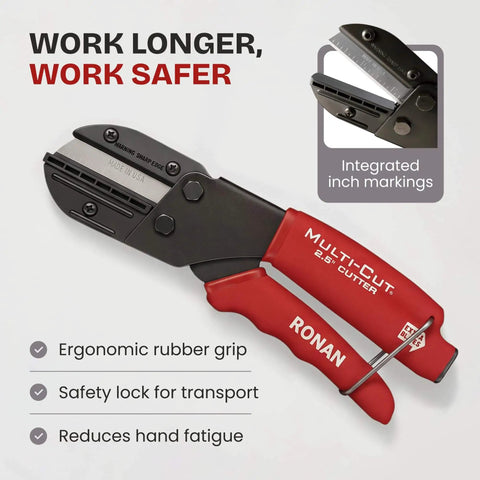 Heavy-duty industrial cutter for plastic, rubber, wood, leather and PEX with safety-lock handle and replaceable blades