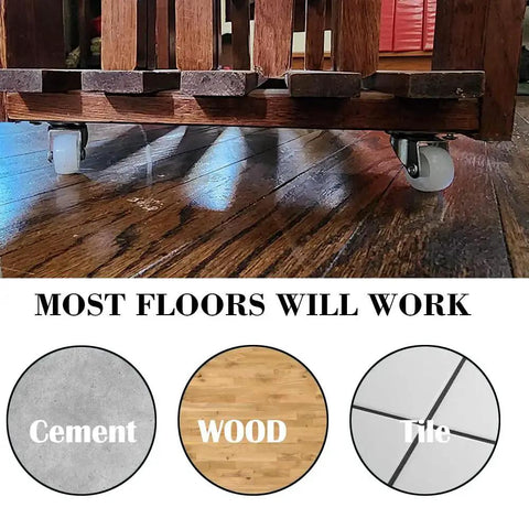 1 Inch Castor Wheels Set of 4 for Furniture and Carts shown under wood furniture, suitable for cement, wood, tile floors.